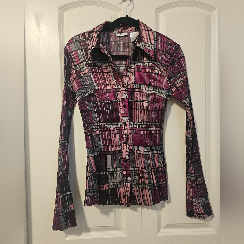 LAURA Womens Crinkle Pleated Blouse Stretch Pink Grey  SZ M